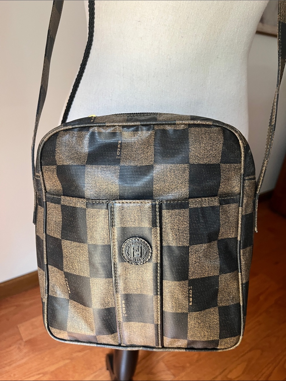 VTG Fendi Checkered All Weather Vinyl-Coated Crossbody Bag